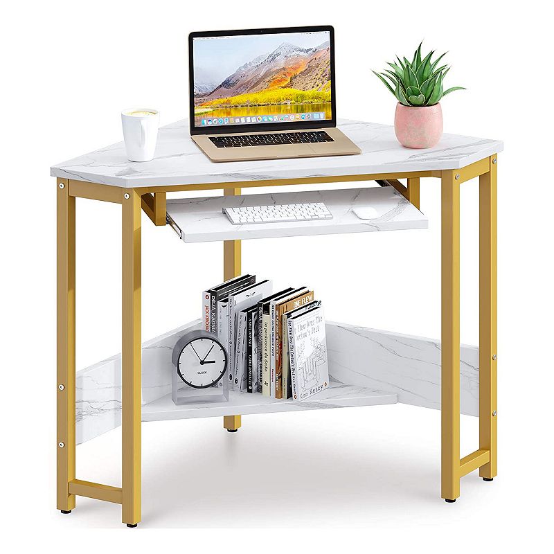 ODK Modern Triangle Corner Computer Desk with Smooth Keyboard Tray， Gold Marble