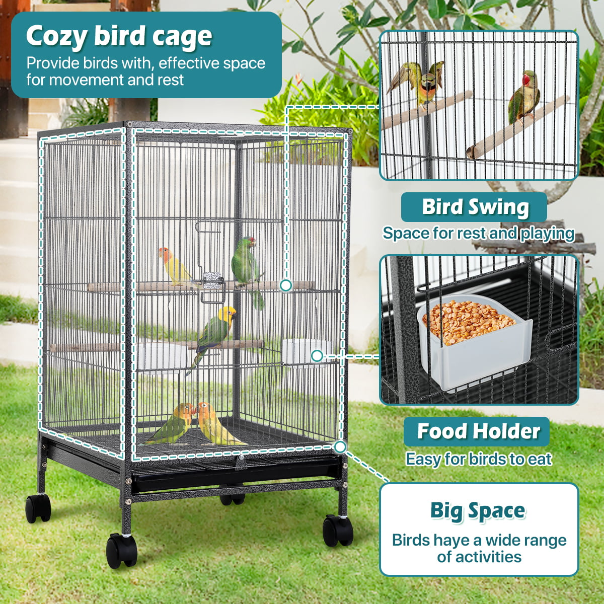 35 inch Birdcage with Stand Parrot Cage for Large Birds Parakeet Cage Wrought Iron Jaulas Para Pajaros with Play Open Top， Bottom Tray， 2 Feeders for Parakeets， Canary， Cockatiel