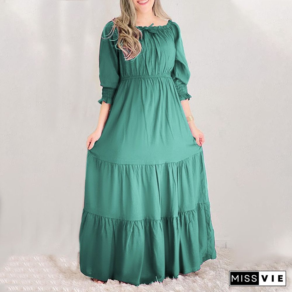 Women Solid Color Half Sleeve Sexy Off Shoulder Maxi Dress Plus Size Holiday Party Dress High Waist Pleated Long Dress Vestidos