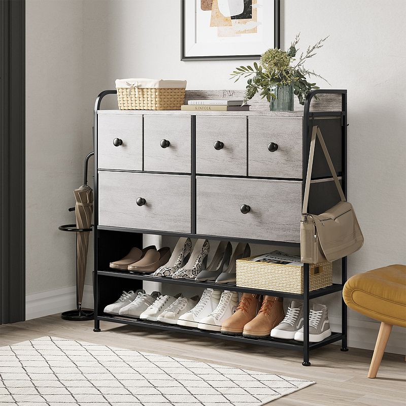 REAHOME 6 Fabric Drawer Dresser with 2 Tier Storage Shelf and Pockets， Dark Taupe