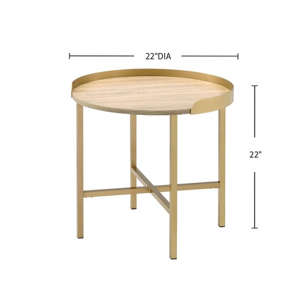 Round Wood End Table Table with Metal Base in Oak and Gold Finish