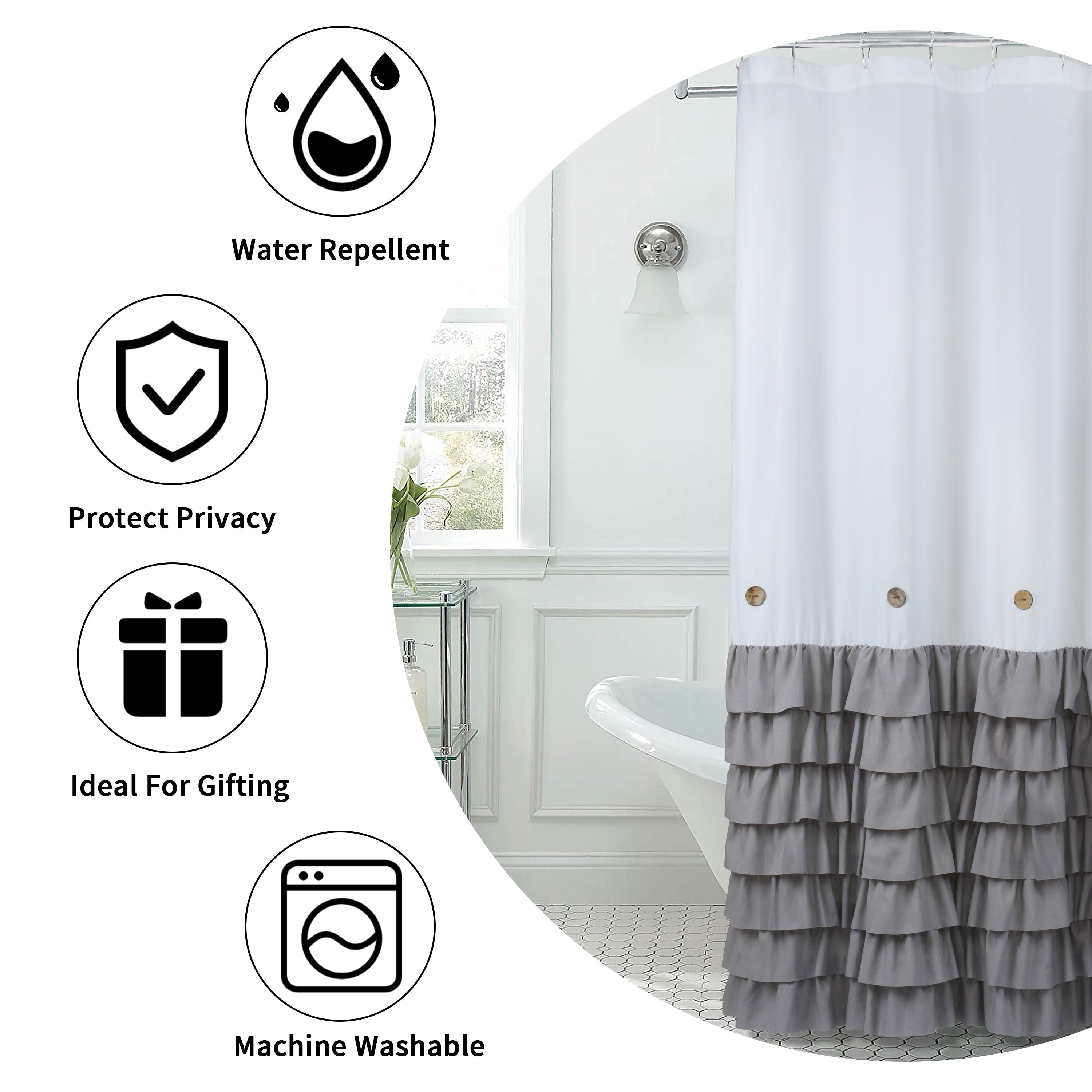 HIG Farmhouse Shower Curtain with PEVA Liner Bathroom Curtain with Buttons Decor, 72