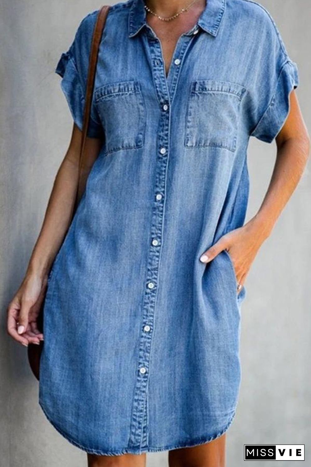 Buttoned Short Sleeve Denim Mini Dress P10425