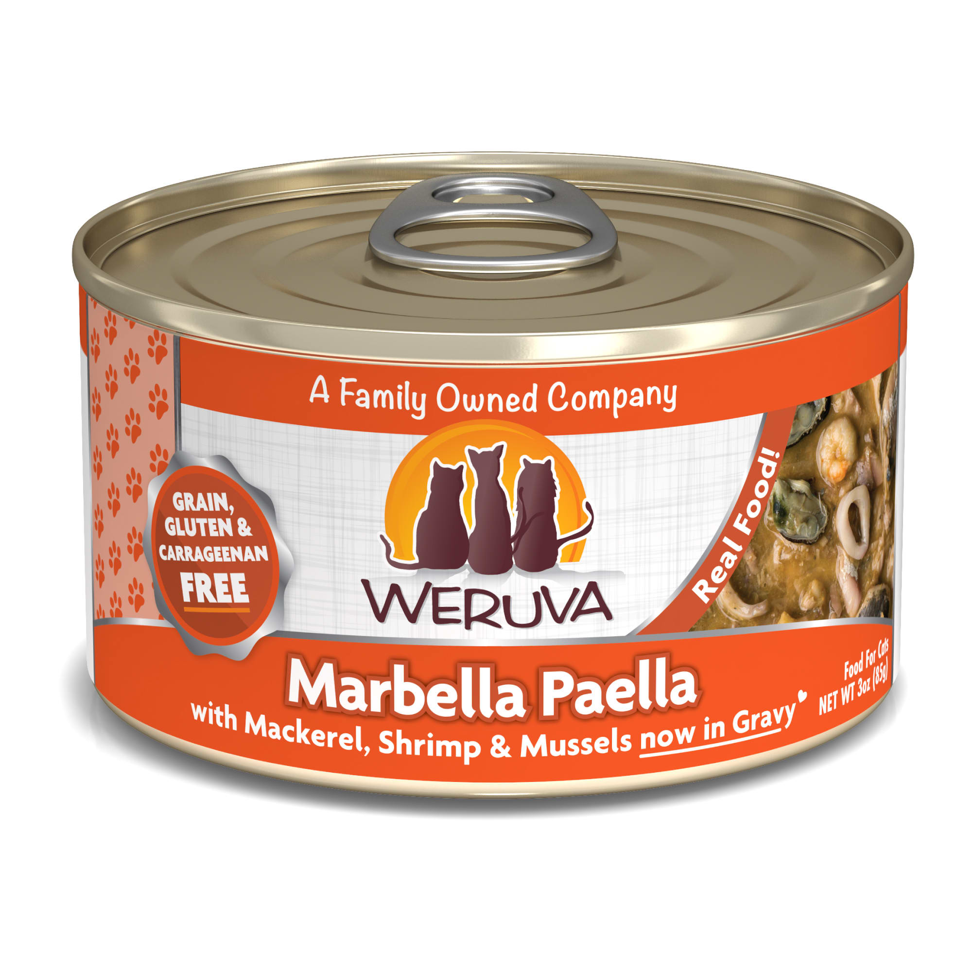 Weruva Classics Marbella Paella with Mackerel， Shrimp  Mussels in Gravy Wet Cat Food， 3 oz.， Case of 24