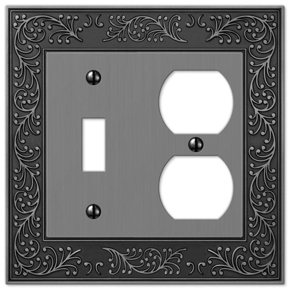 AMERELLE Bleinhem 2 Gang 1-Toggle and 1-Duplex Metal Wall Plate - Antique Nickel 43TDAN