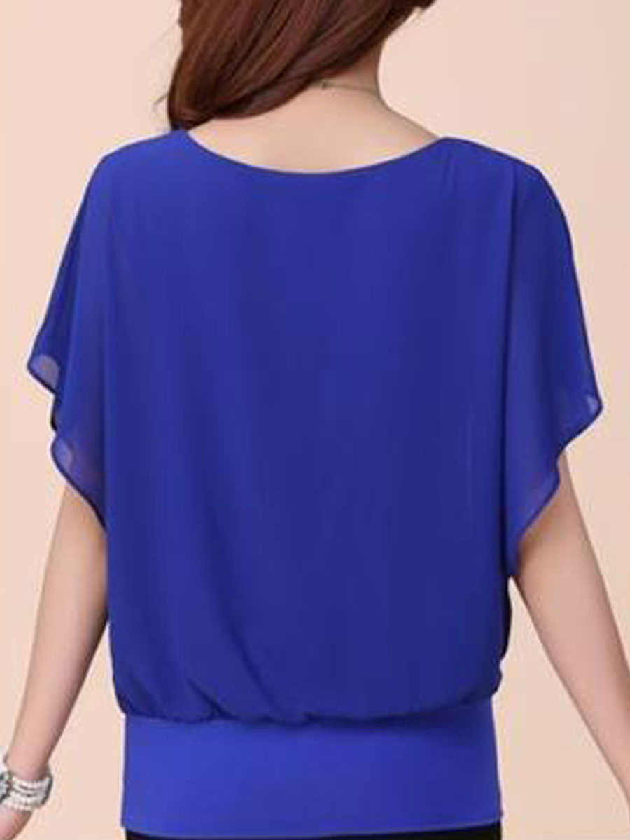 Spring Summer  Blend  Women  Crew Neck  Plain  Short Sleeve Blouses