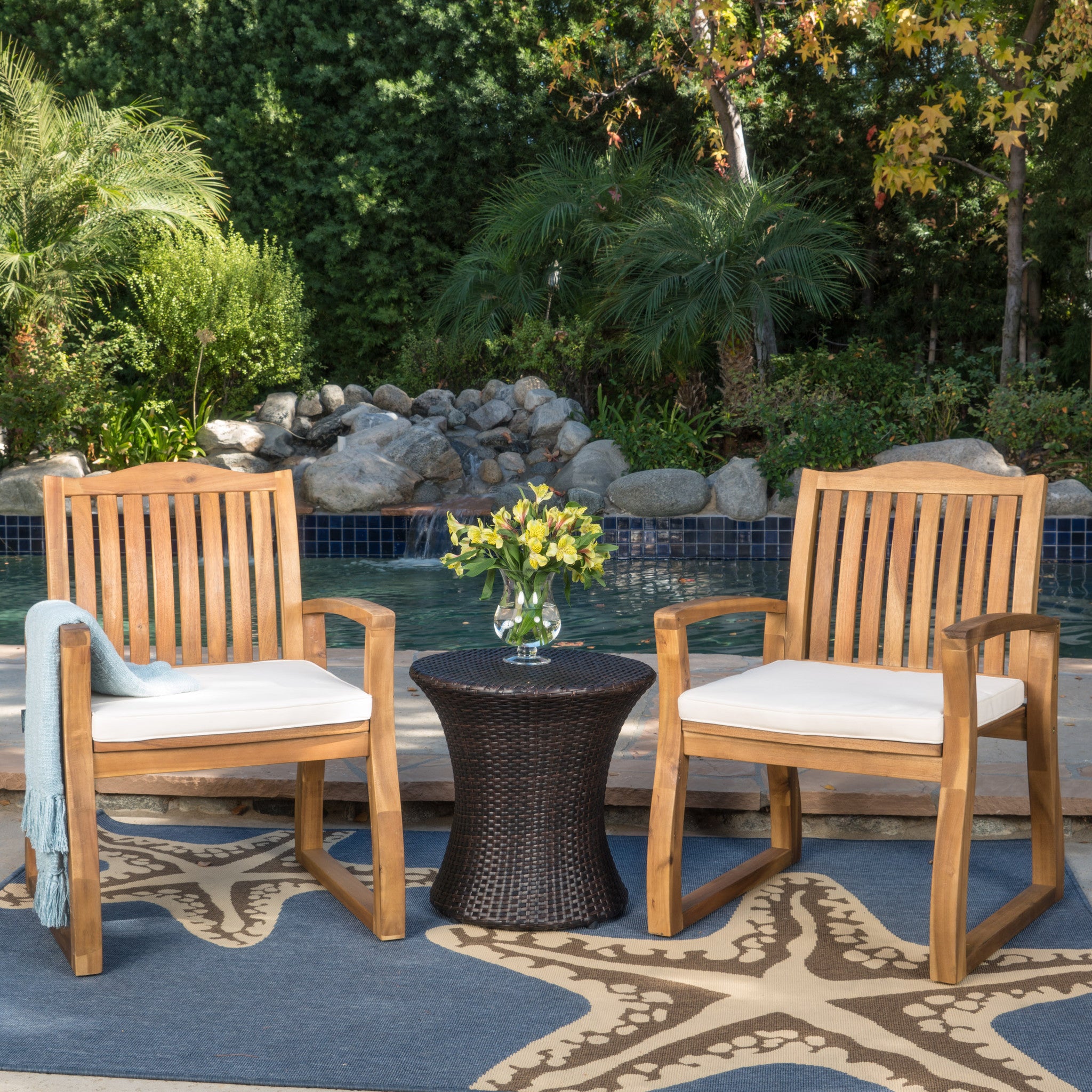 Malibu Outdoor Acacia Wood 3 Piece Chat Set with Wicker Table