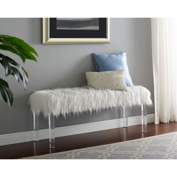 1pc White Glam Accent Bench with Faux Fur Seat Tra...