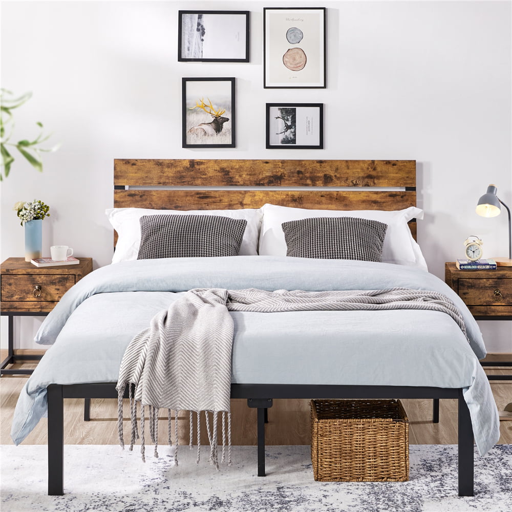 Yaheetech Metal Platform Bed Frame with Wooden Headboard, Queen