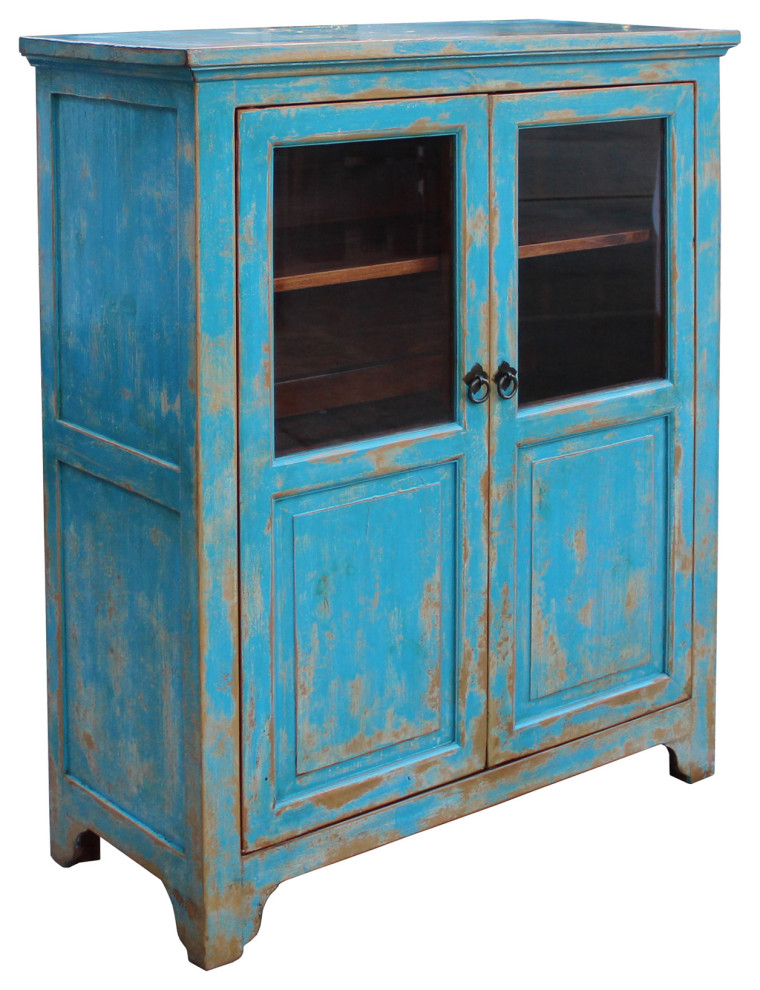 Distressed Bright Blue Glass Display Bookcase Curio Cabinet Hcs5382   Farmhouse   Bookcases   by Golden Lotus Antiques  Houzz