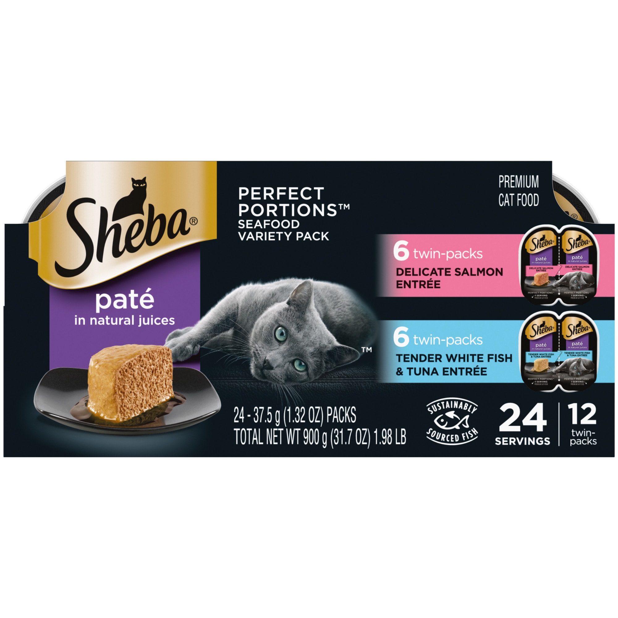 Sheba Perfect Portions Multipack Delicate Salmon and Tender Whitefish  Tuna Entrees Wet Cat Food， 2.64 oz.， Count of 12