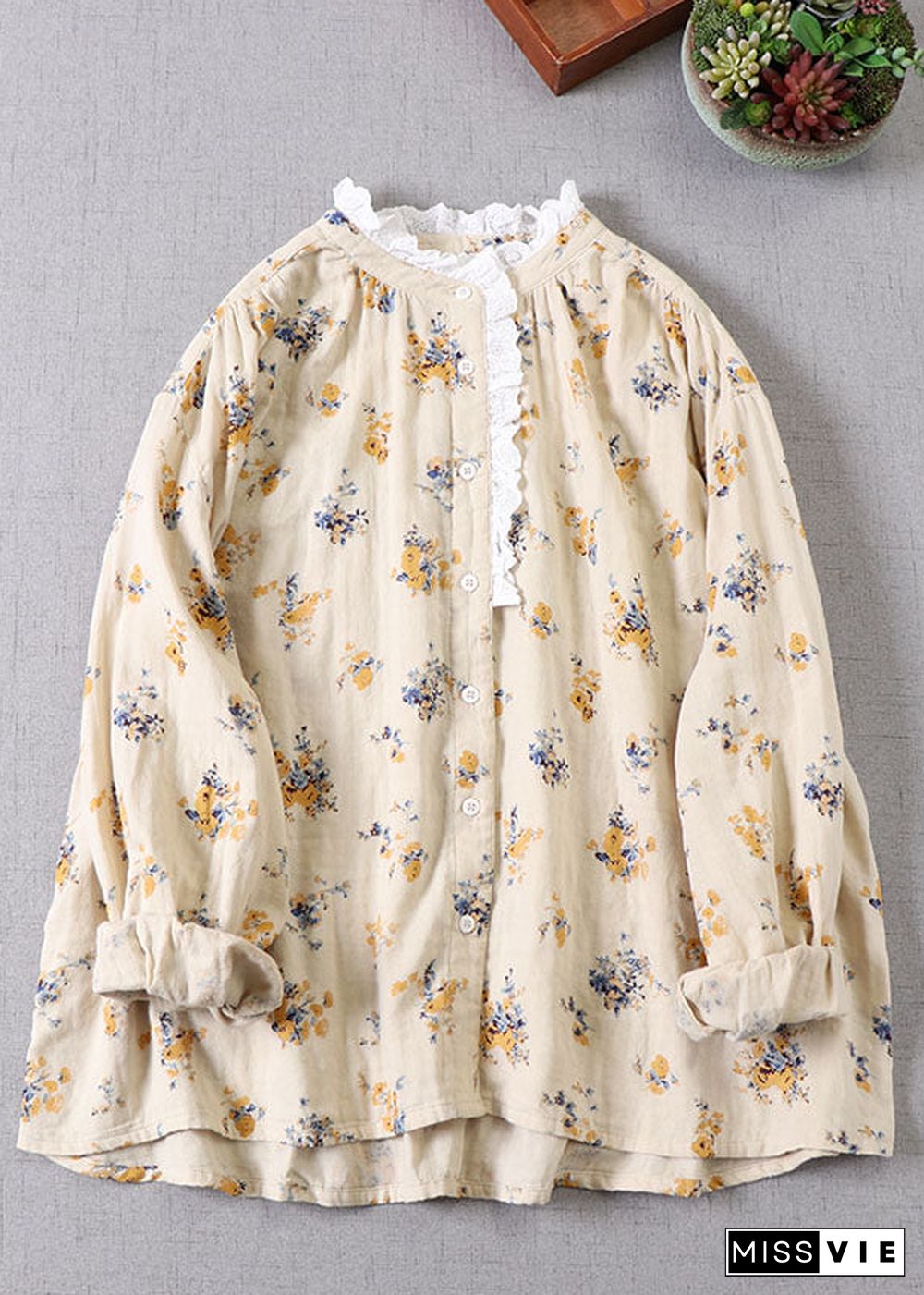 French Apricot Yellow Print Cotton Blouses Long sleeve