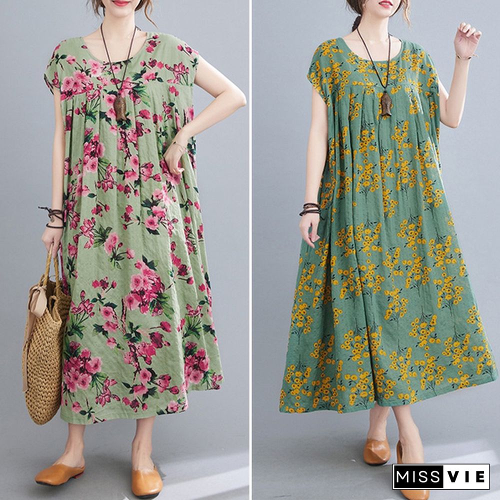 Oversized Retro Summer Short Sleeve Kaftan Casual Floral Printed Bohemian Long Maxi Shirt Dress Holiday