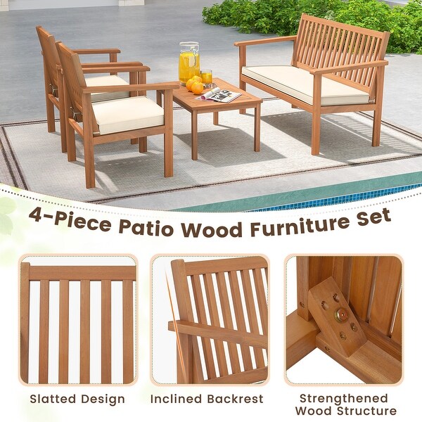 4 PCS Patio Wood Furniture Set Outdoor Wood Sofa Set w/Cushions