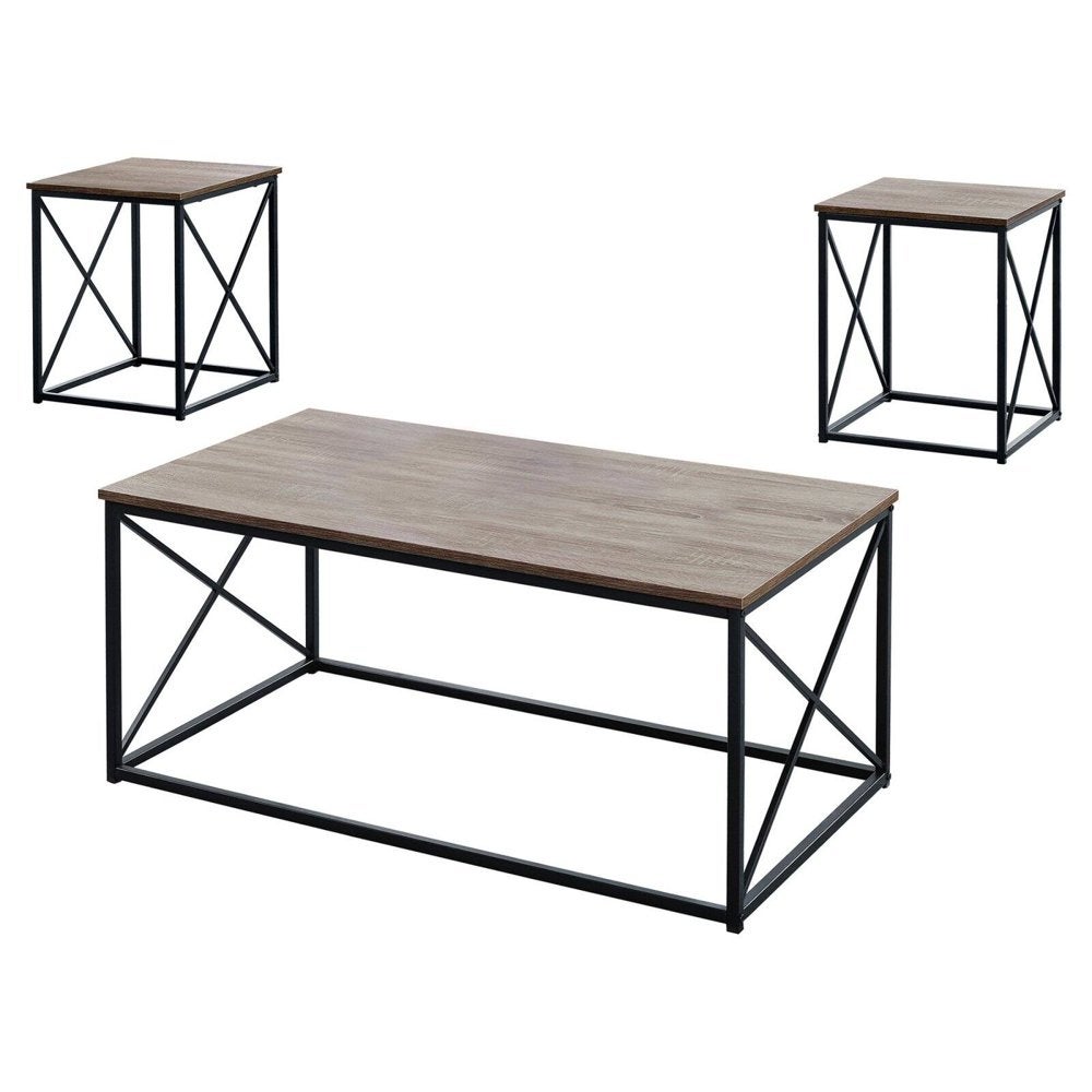 Table Set， 3pcs Set， Coffee， End， Side， Accent， Living Room， Metal， Laminate， Brown， Black， Contemporary， Modern