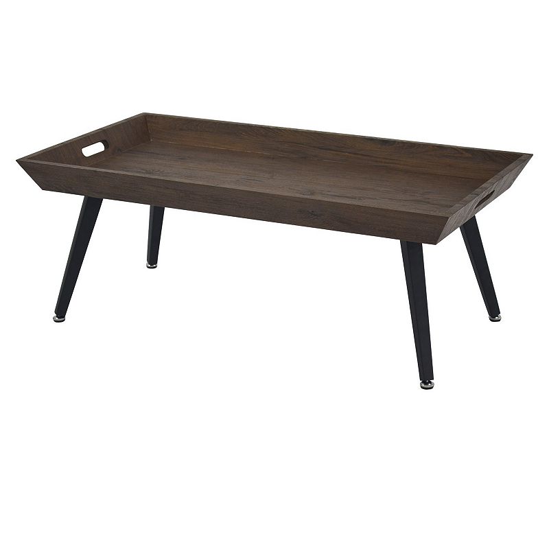 Rectangular Wooden Coffee Table with Tray Top and Metal Legs， Brown and Black