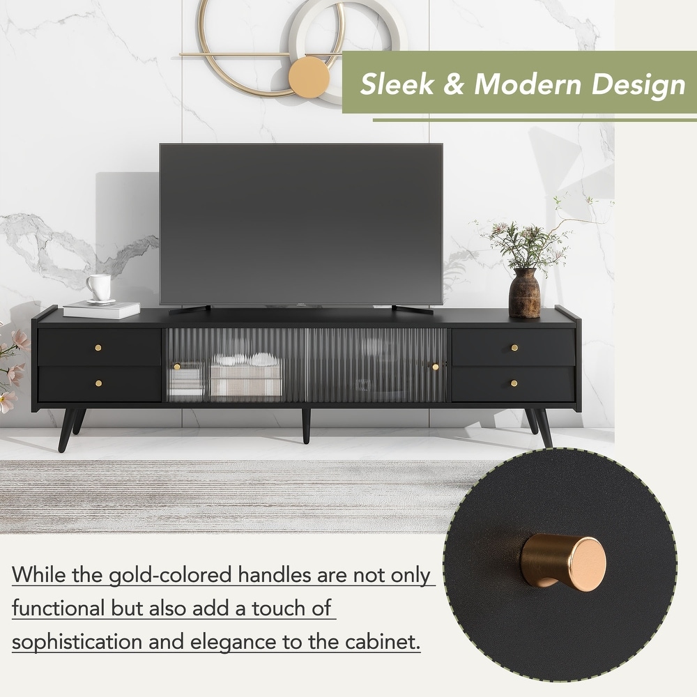 TV Stand with Sliding Fluted Glass Doors  Slanted Drawers Media Console for TVs Up to 70\