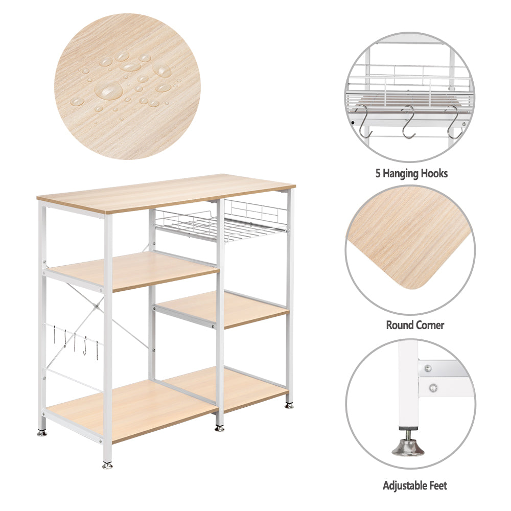 Metal Storage Shelves， Microwave Oven Stand Storage Cart Storage Shelf， X-shaped Metal Shelving with 5 Hanging Hook， Round Corner， Adjustable Feet， Pull-out Basket， 3-Tier Shelves， Natural， Q4502