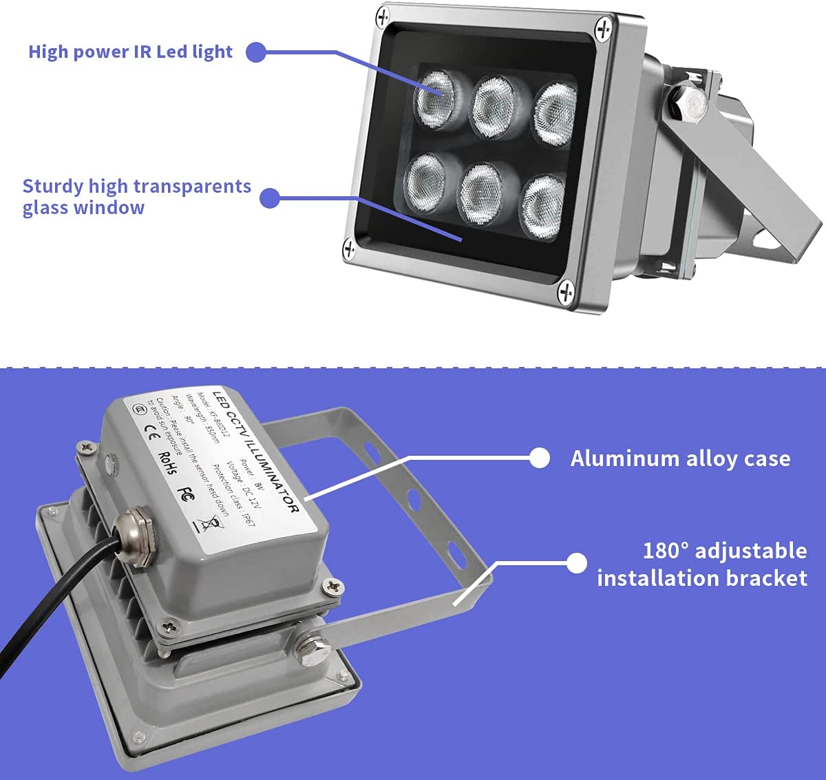 90º 80FT 850nm 6-LED IR Illuminator， IR Lights for Security Cameras Long Range Infrared Light Outdoor Infrared Illuminator for CCTV IP Camera