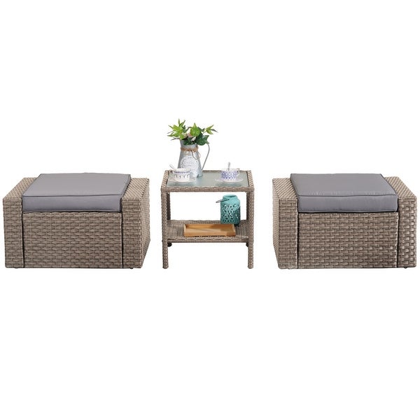 3 Piece Outdoor Ottomans with Glass Coffee Table - Overstock - 37928260