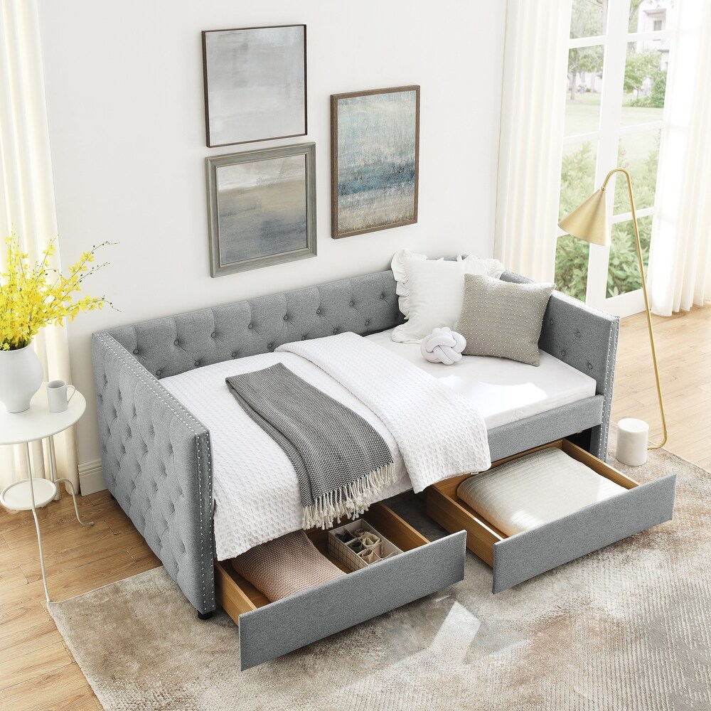 Upholstered Twin Size Daybed with Two Drawers