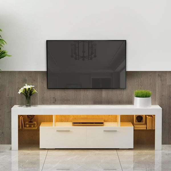 White morden TV Stand with LED Lights，high glossy front TV Cabinet， Can Be Assembled in Lounge Room