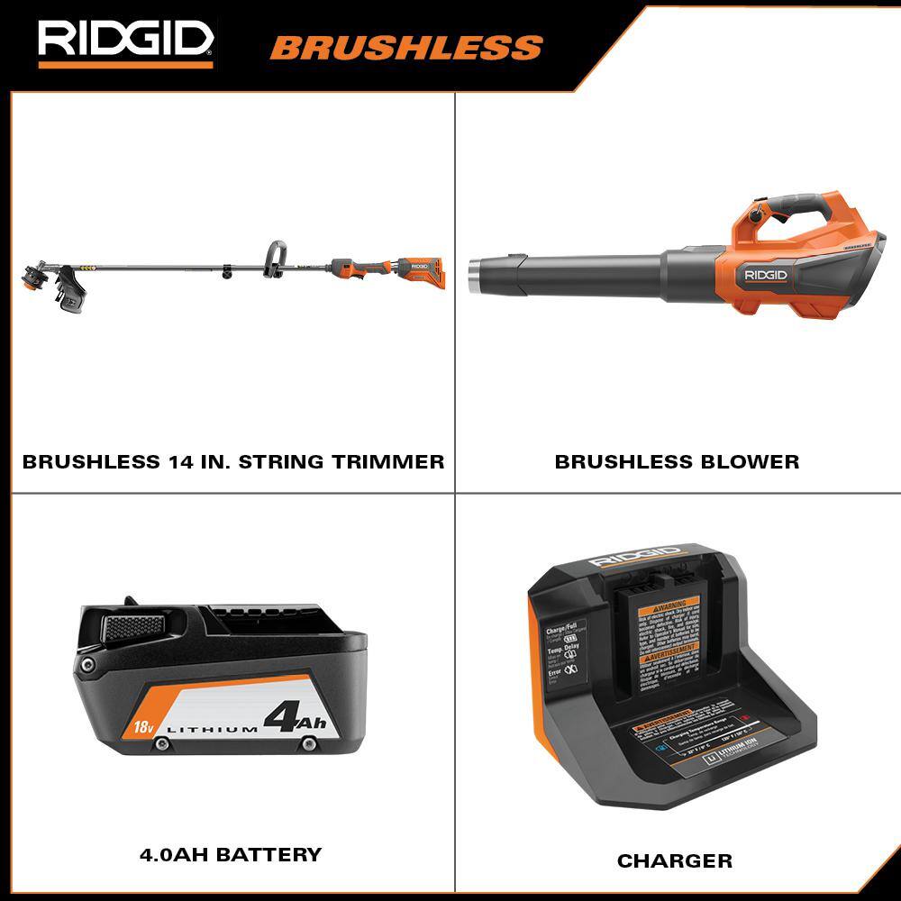 RIDGID 18V Brushless 14 in. Cordless Battery String Trimmer and Leaf Blower 2-Tool Combo Kit with 4.0 Ah Battery and Charger R019001