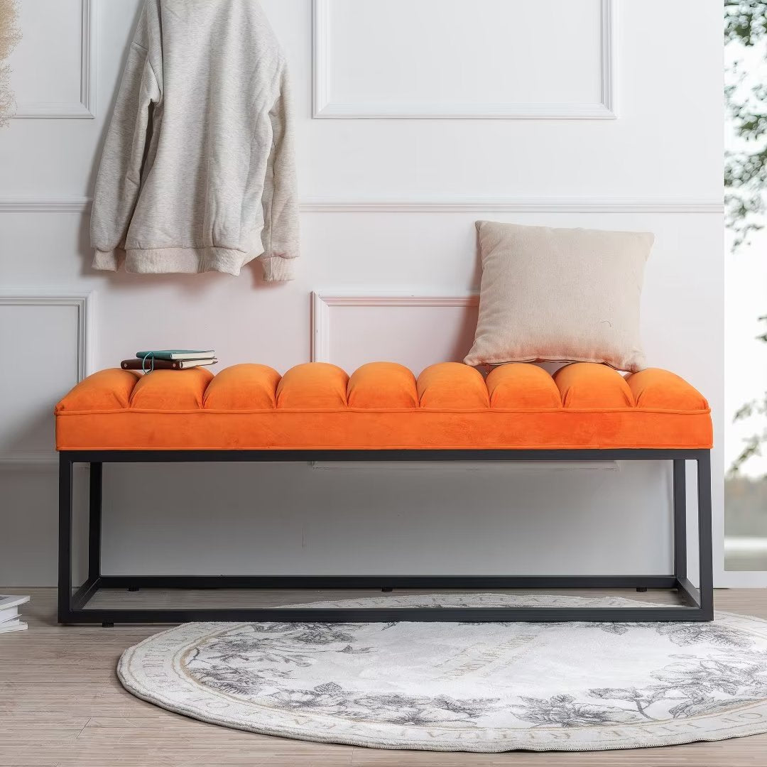 Upholstered Ottoman Bench,Vanity Bench End of Bed Bench with Metal Base,Entryway Shoe Bench Dining Room Bench for Living Room Bedroom Entryway,Orange+Fabric