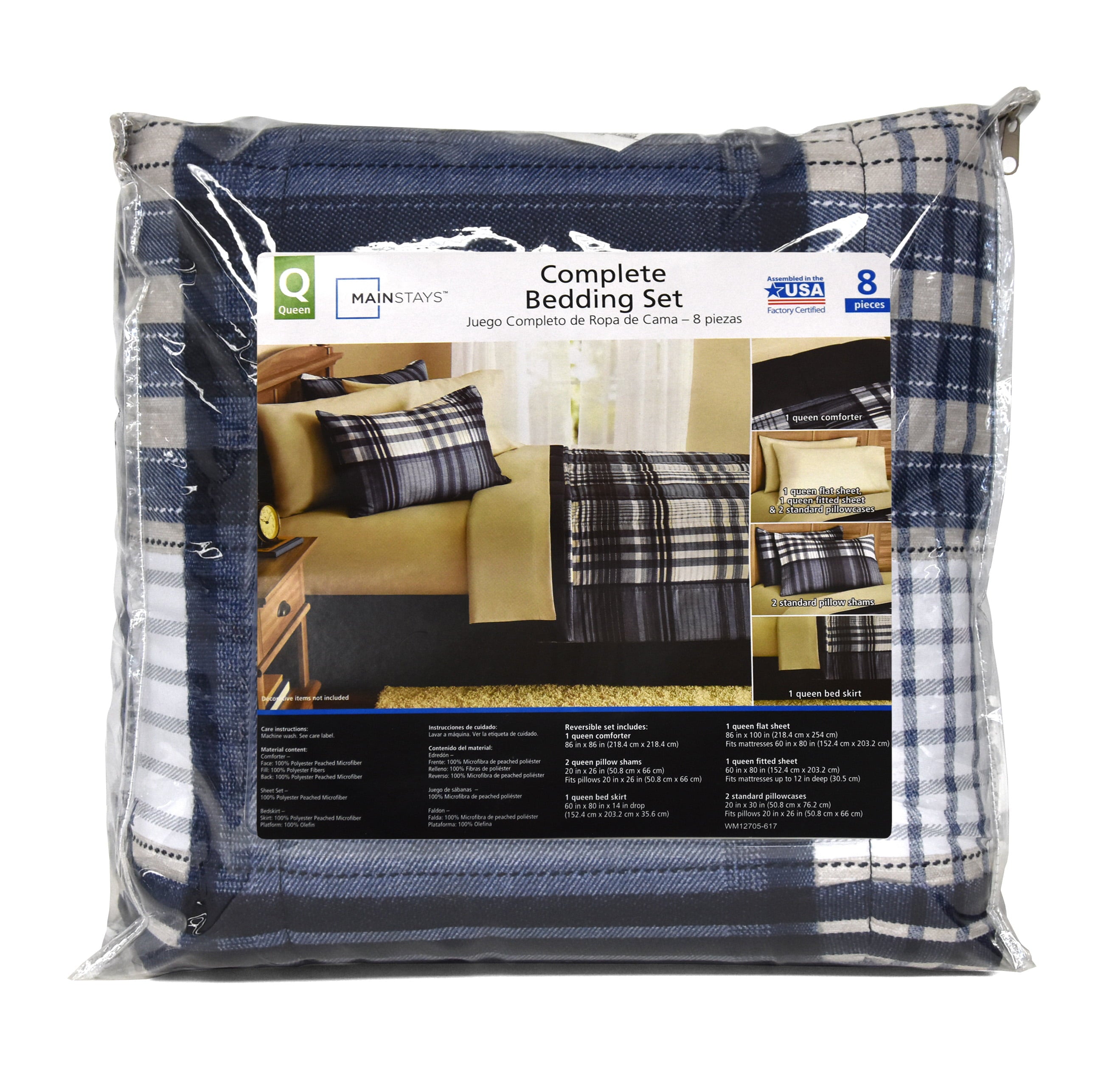 Mainstays Blue Plaid 8 Piece Bed in a Bag Comforter Set with Sheets， Queen