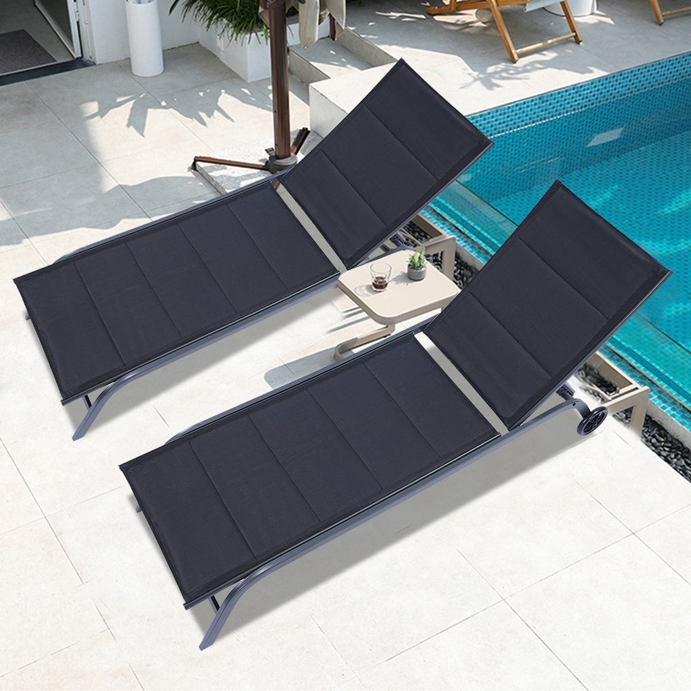 2-Piece Patio Chaise Lounge Set 5-Position Adjustable on Wheels Black