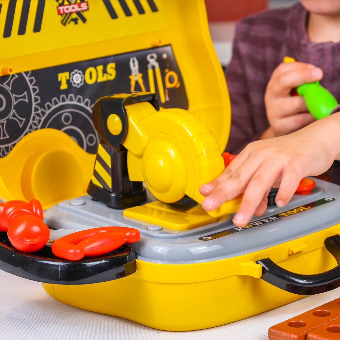 Kidplokio Boys 28pc Tools and Tool Box Work Bench Playset DIY Pretend Play Construction Toys Yellow