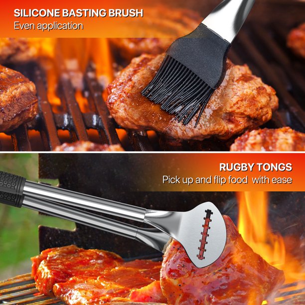 BBQ Grill Tool Sets 9 Pcs Stainless Steel Griddle Accessories Grilling Accessories Sets with Basting Cover Scraper Spatula Thermometer Flavor Injector BBQ Gift for Outdoor Barbecue Teppanyaki Camping