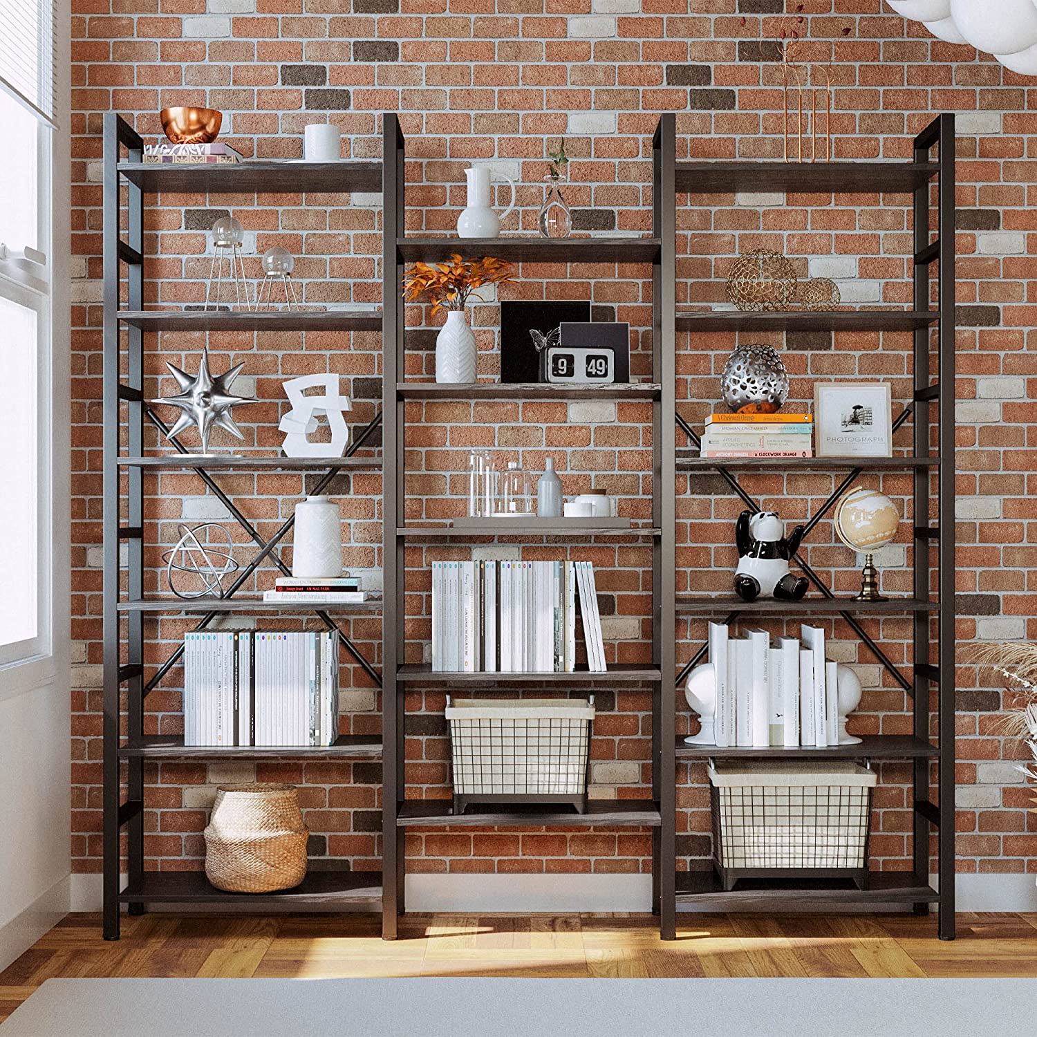 Triple Wide 6 Tiers Industrial Bookshelf, Large Etagere Bookcases and Bookshelves Open Display Shelves with Metal Frame