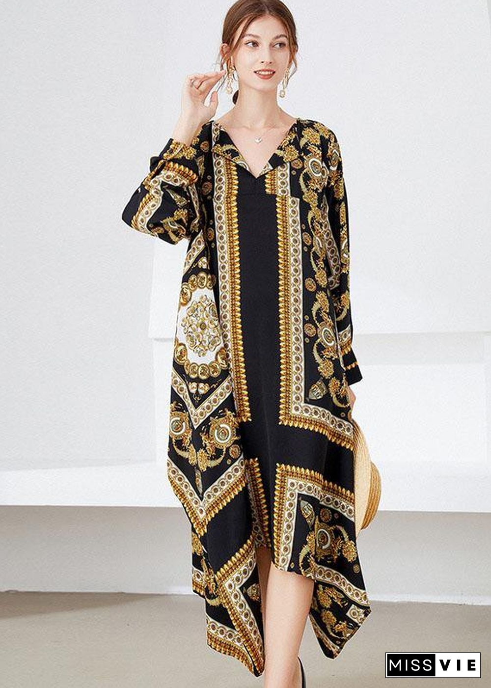 Women Black Yellow Print Loose Asymmetrical Design Fall Holiday Dress Long Sleeve