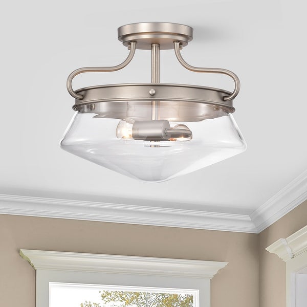 Tayla Matte Satin Nickel 2-Light Metal and Glass Bowl Shade Semi-Flush Mount