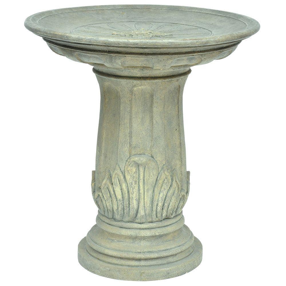 MPG 32.5 in. H. Aged Granite Cast Stone Fiberglass Royal Leaf Birdbath PF6284AG