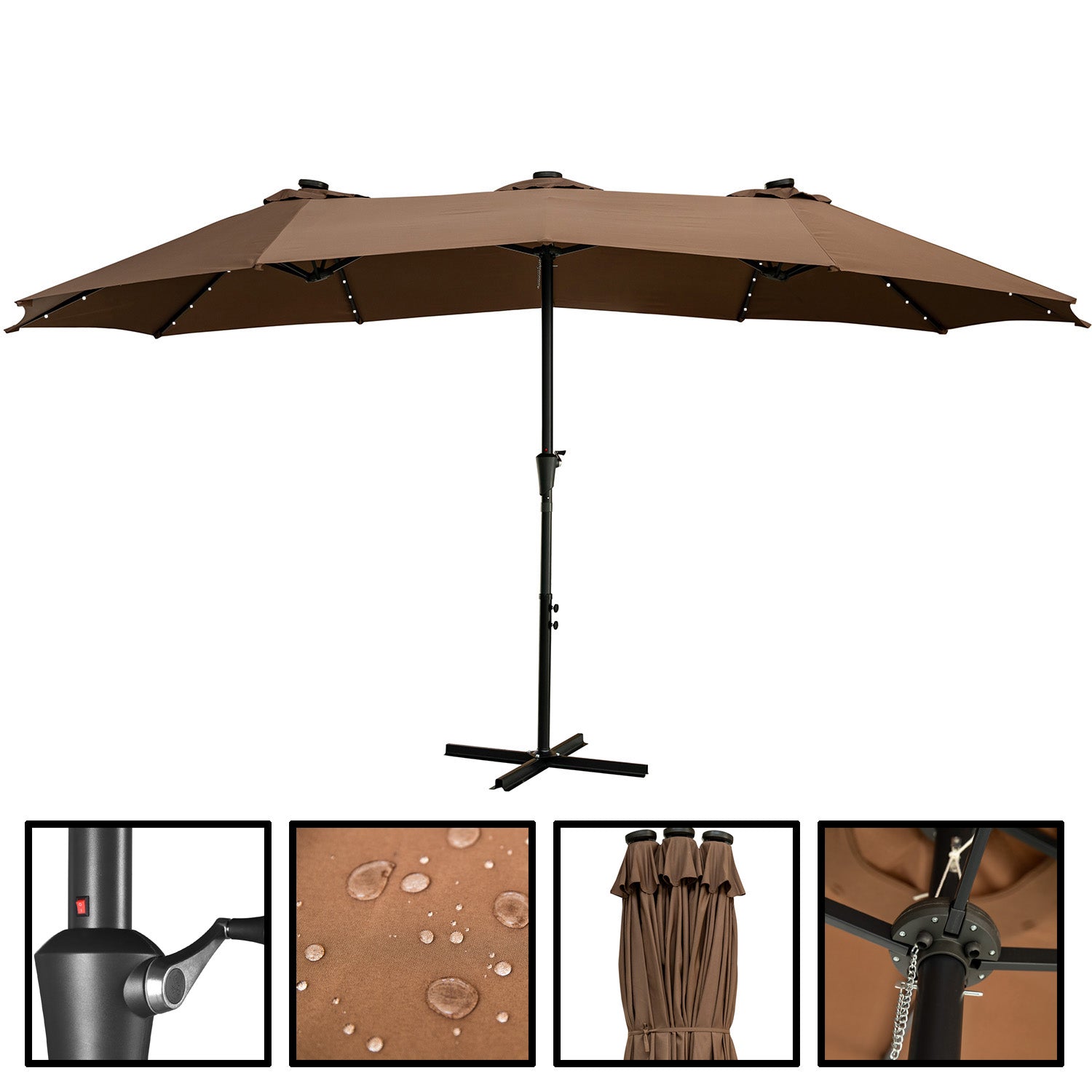 Ainfox 15ft Large Patio Umbrella with Solar Lights, Double-Sided Outdoor Rectangle Table Umbrellas with 48 LED Lights，Coffee