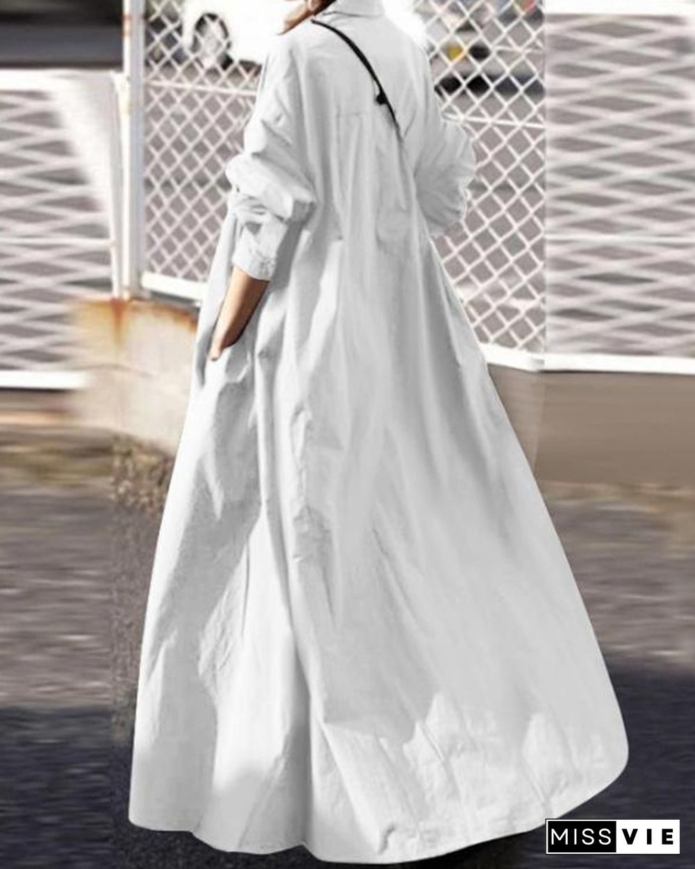 Solid Shirt Collar Loose Fit Big Hem Long Sleeve Maxi Dress