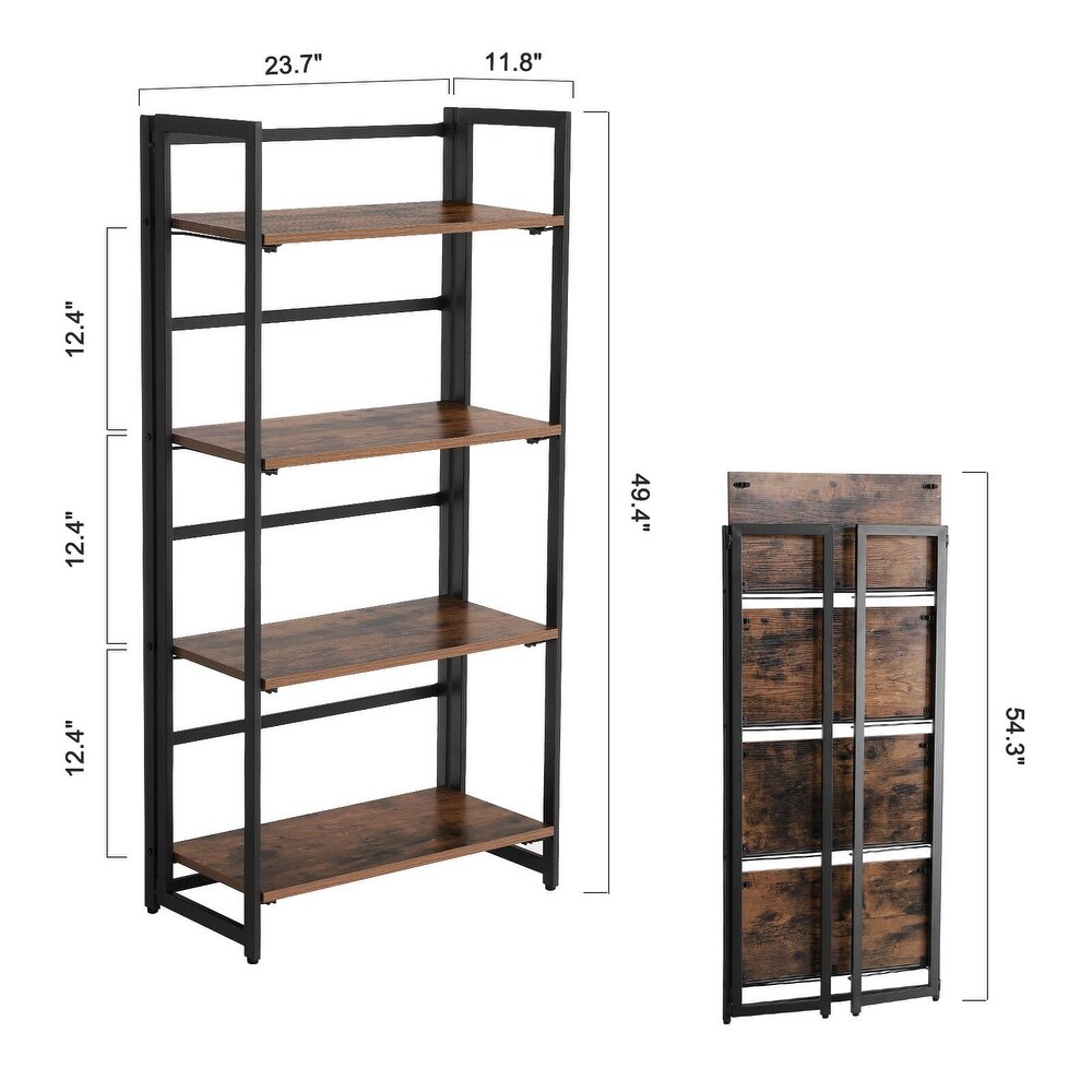 Industrial Bookshelf  Folding Bookcase  4 Tier Ladder Shelf  Wood Look Accent Furniture with Metal Frame