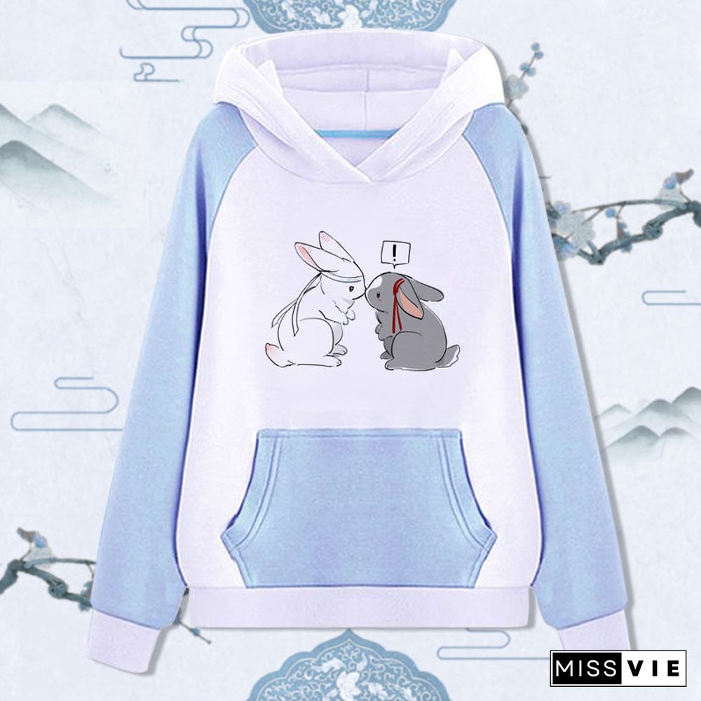 Cute Rabbit Print Pocket Hoodie