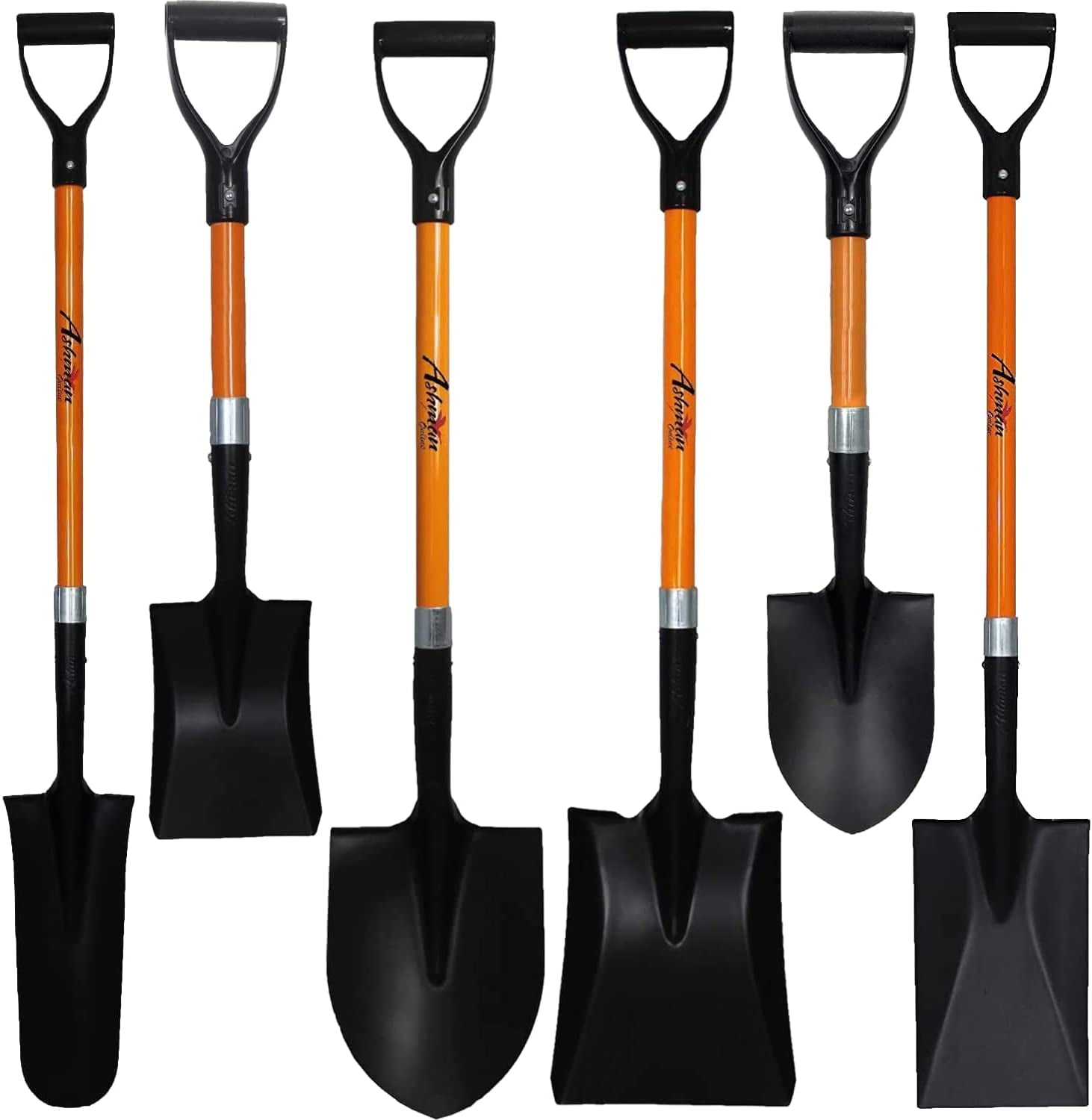 Ashman  Online 6 Assorted Shovels (6 Pcs) Steel Blade – Four Shovels of 41 and Two Shovels of 27 inches Long – Round, Square, Spade Shovel, Drain Spade Shovel, Mini Round , and Mini Square Shovel