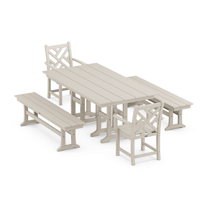 Polywood Chippendale 5-Piece Farmhouse Dining Set with Benches PWS1172-1