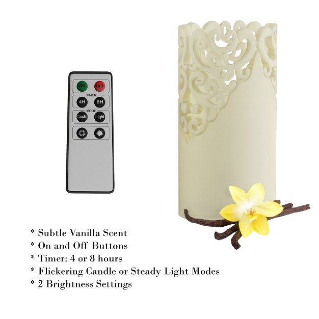 Remote Control Led Candles Set Of 3 Battery operated Realistic Flameless Pillars With Lace Details And Vanilla scented Wax By Lavish Home