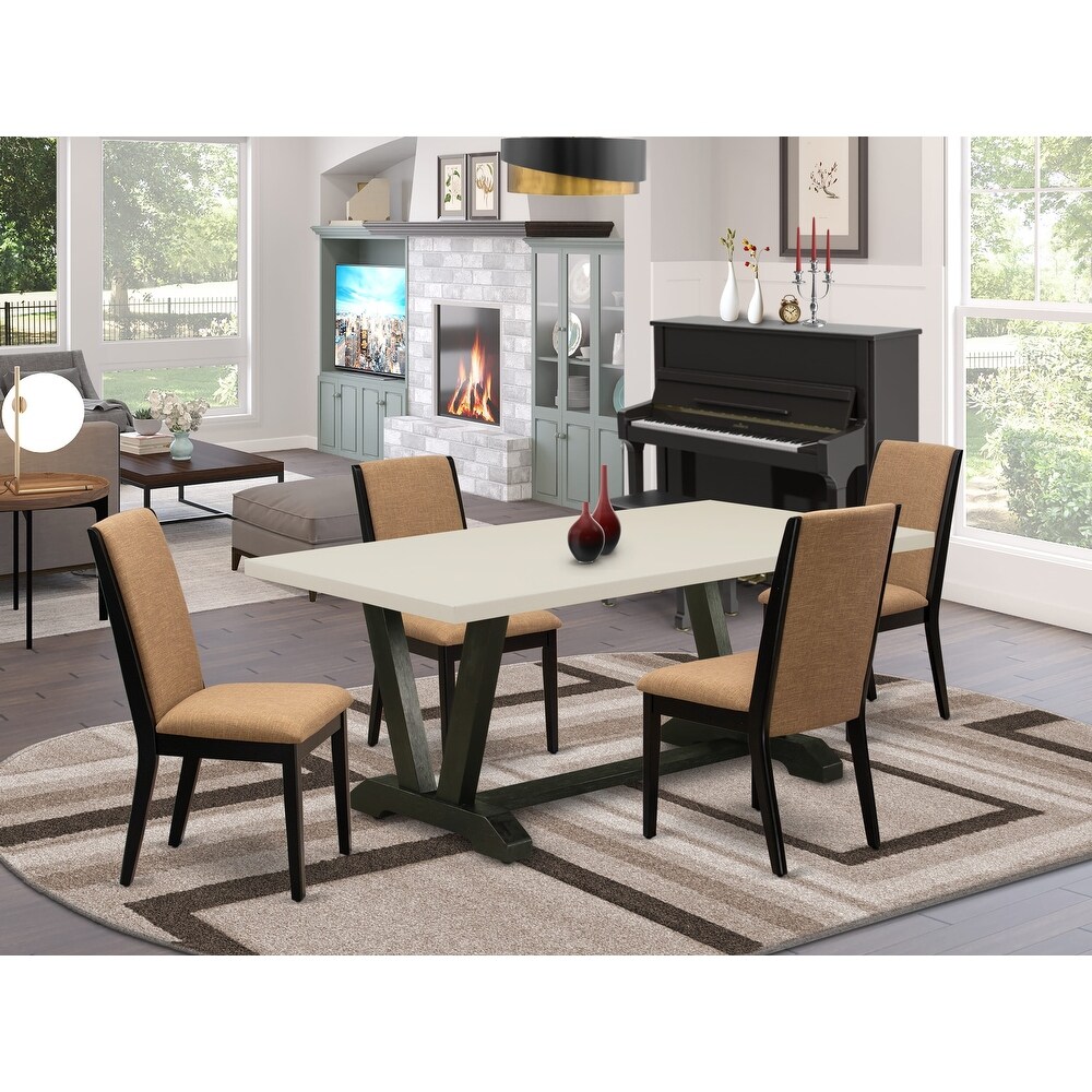 East West Furniture Dining Table Set  a Dining Room Table and Light Sable Linen Fabric Parsons Chairs  Black(Pieces Options)