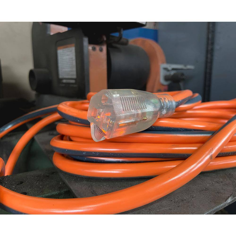 RIDGID 100 ft. 123 Heavy Duty IndoorOutdoor Extension Cord with Lighted End OrangeGrey 74100RGD