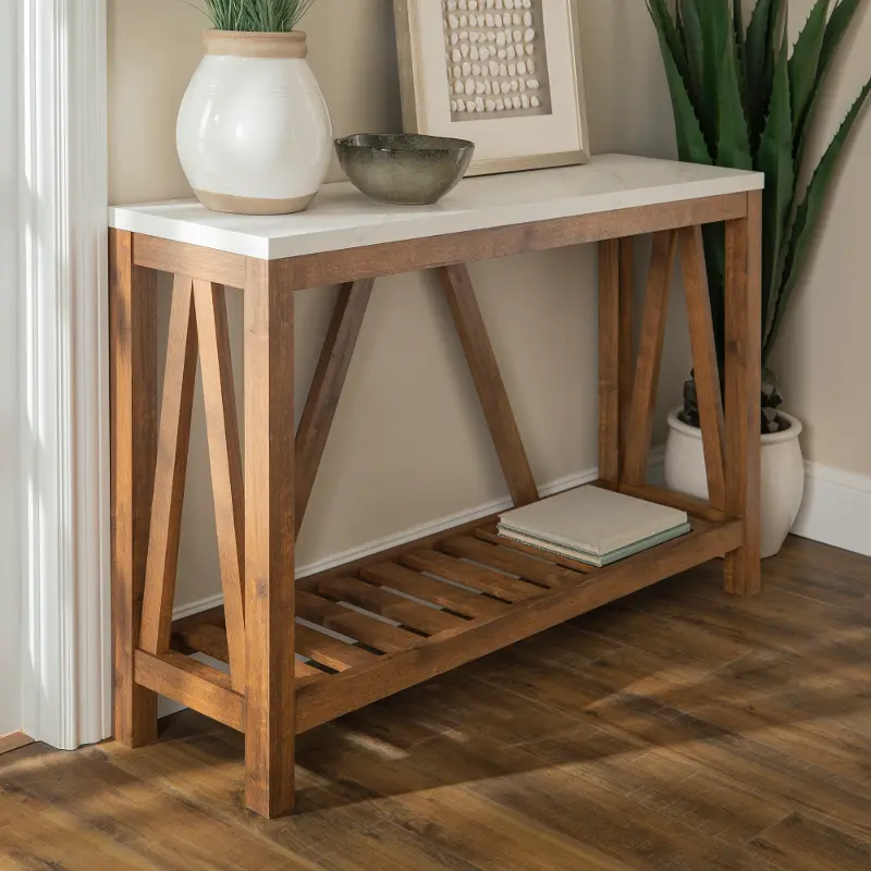 Rustic White Faux-Marble Sofa Table with Walnut Base - Walker Edison