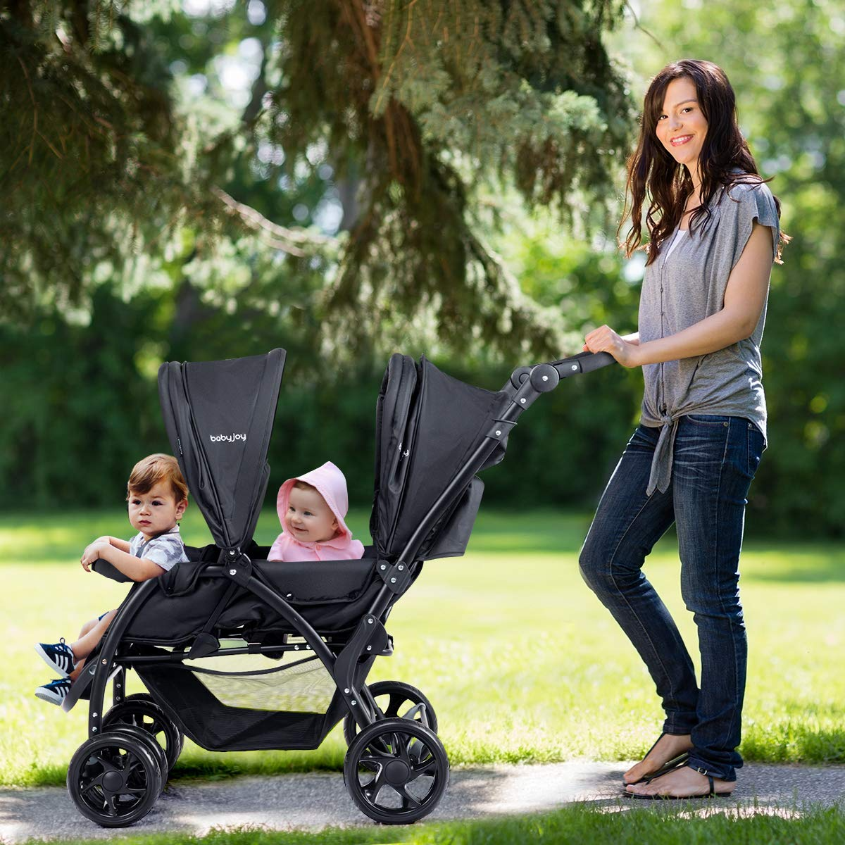 BABY JOY Double Baby Stroller, Foldable Double Seat Tandem Stroller with Adjustable Backrest