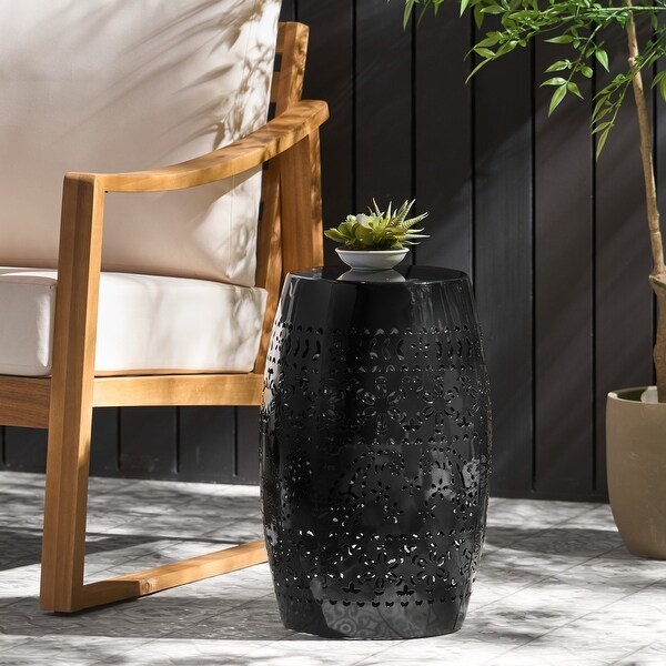 Black Outdoor Side Table with Clean，Precise Lines Finished Barrel Structure Lacecut Design 12.25