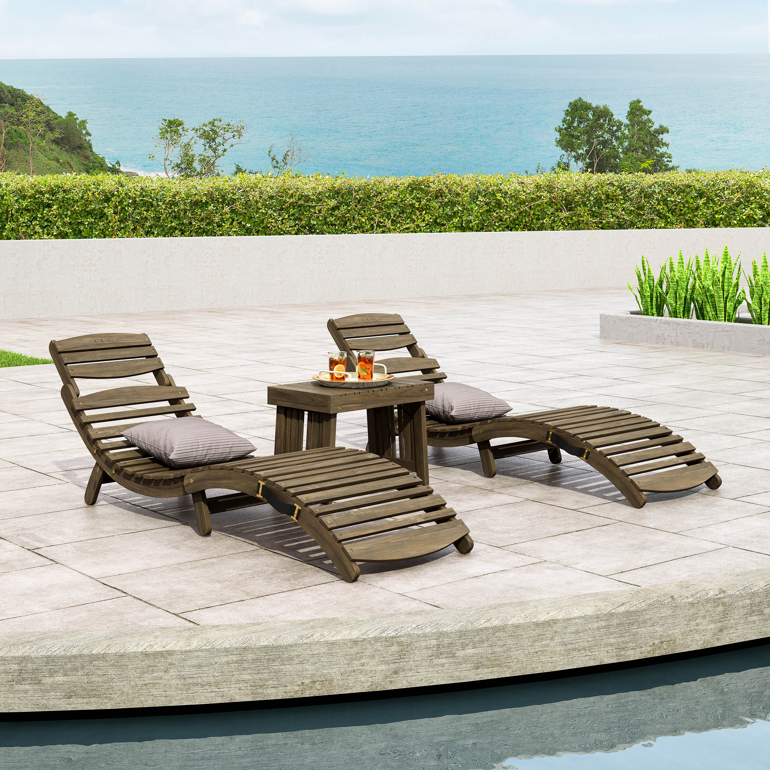 Lisbon Outdoor Acacia Wood 3 Piece Chaise Lounge Set