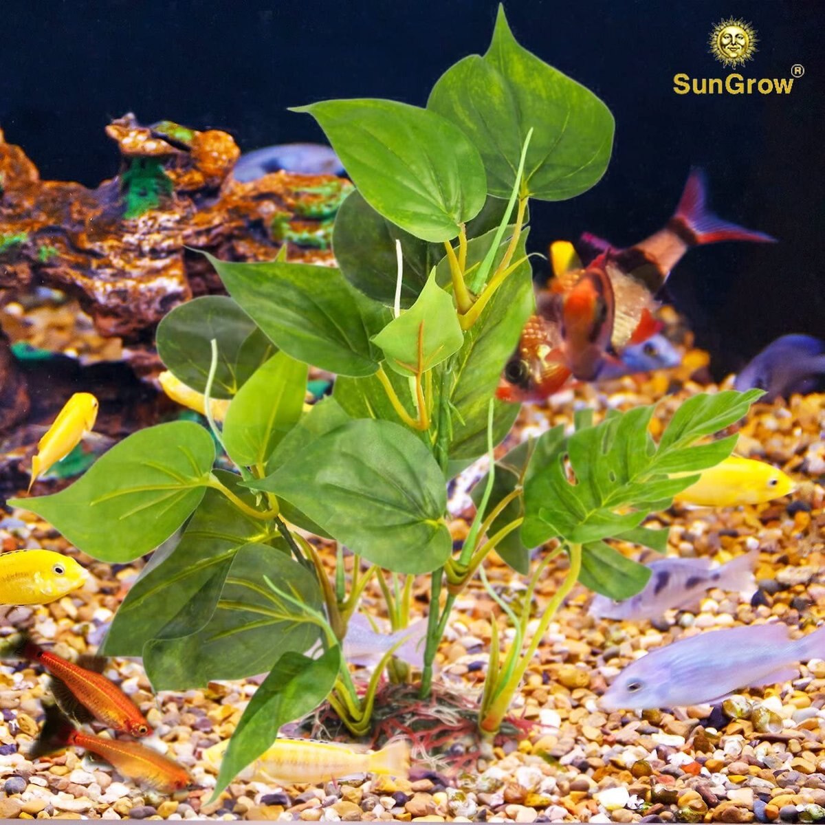 SunGrow Tall and Large Artificial Plastic Leaf Plants for Fish Aquarium Decoration and Reptile Hideout